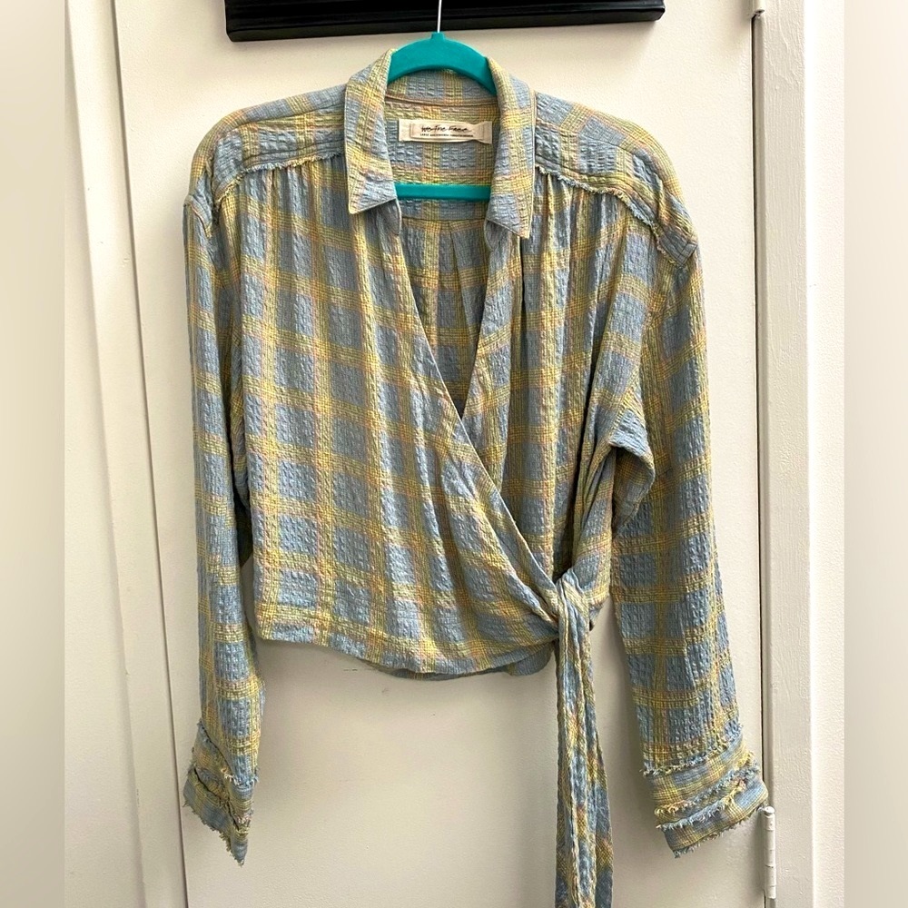 Free People Cropped Long Sleeve Wrap Top Plaid